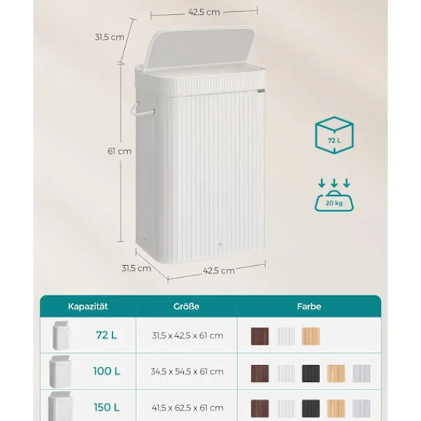 Rootz Living Tvättillbehör-Rootz Bamboo Klädkorg - Tvättkorg - Tvättorganisator - Lättvikt - 31,5 cm x 42,5 cm x 61 cm