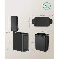 Rootz Living Soptunnor-Rootz Steel Cosmetic Bin - Svart färg - Pedal Bin - 5 liters kapacitet - 29,9 cm x 14,4 cm x 29 cm - Elegant design - Miljövänlig