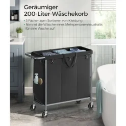 Rootz Living Tvättillbehör-Rootz Tvättkorg 3 Fack 200L - Kåpa med hjul - Organizer Bin - Oxford Tyg - 91cm x 39cm x 81cm