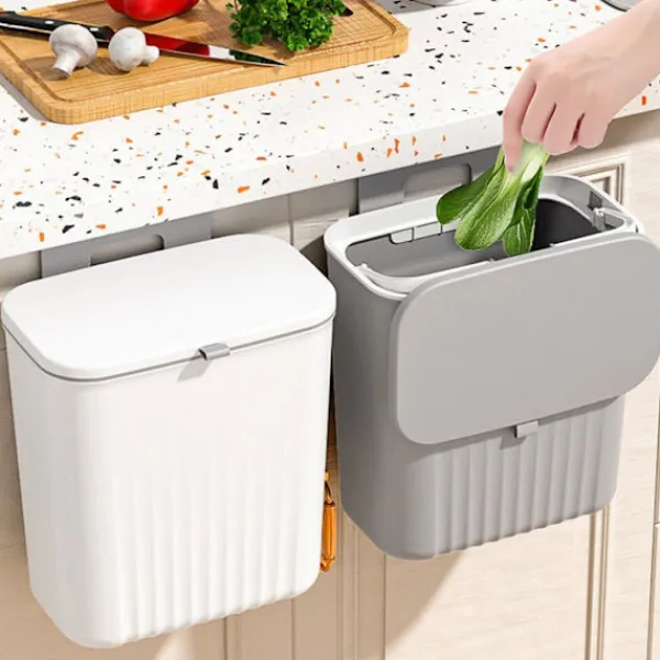 Soptunnor-RY-9 liters hängande papperskorg med lock, väggmonterad soptunna kök kompostbehållare, plast papperskorg avfallskorg för skåp, skåpdörr