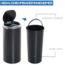 Northio Soptunnor-Sensor papperskorg 42L, elektrisk automatisk papperskorg med lock, rostskyddad, för badrum, kontor, kök, matsal, stål, svart