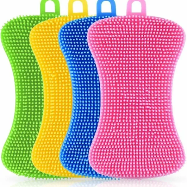 Svampar & Dukar-Silikonsvamp, 4 st multifunktionell kökssvamp, non-stick värmebeständig hushållsrengöringsborste, idealisk för disk, kastrull, grönsaker, frukt