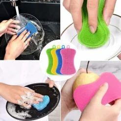 Svampar & Dukar-Silikonsvamp, 4 st multifunktionell kökssvamp, non-stick värmebeständig hushållsrengöringsborste, idealisk för disk, kastrull, grönsaker, frukt