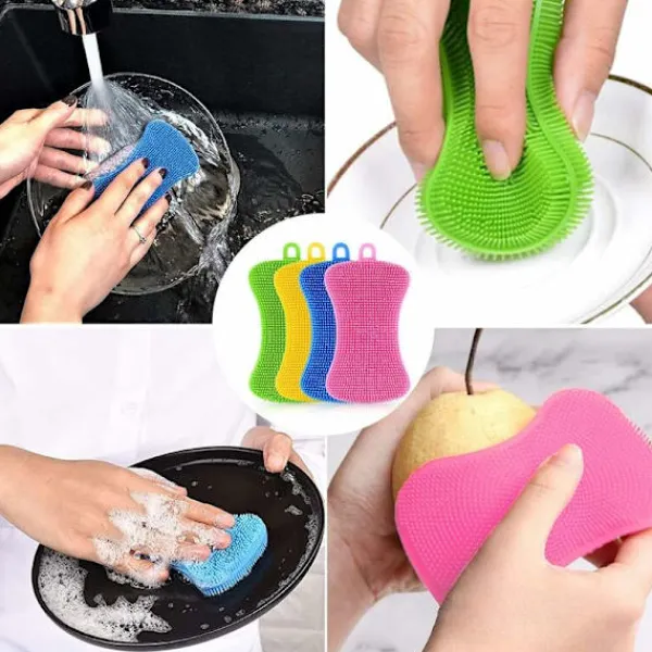 Svampar & Dukar-Silikonsvamp, 4 st multifunktionell kökssvamp, non-stick värmebeständig hushållsrengöringsborste, idealisk för disk, kastrull, grönsaker, frukt