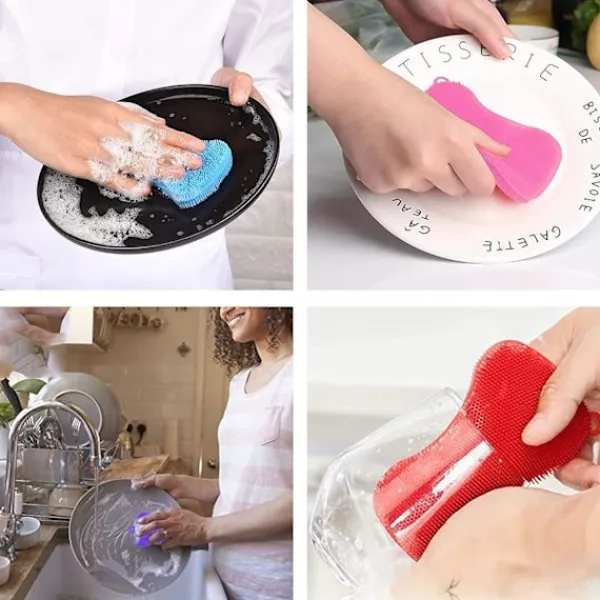 Svampar & Dukar-Skrubber Silikonsvamp Multipurpose Silikonskurdyna Diskborste Badrum Frukt Grönsaksskrubber Kökstillbehör 4st