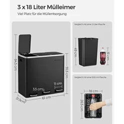 Pavil Soptunnor-SONGMICS återvinningskärl, 3 x 18 L trippelkök, 3-fack pedalbehållare, svart