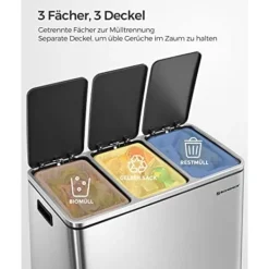 Pavil Soptunnor-SONGMICS återvinningskärl, 3 x 18 L trippelkökskärl, 3-fack pedalbehållare, silver
