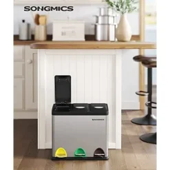 Pavil Soptunnor-SONGMICS återvinningskärl, 3-i-1 pedalkorg, 24-liters metallsoptunna, stål, silver
