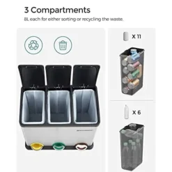 Pavil Soptunnor-SONGMICS återvinningskärl, 3-i-1 pedalkorg, 24-liters metallsoptunna, stål, silver