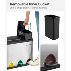 Pavil Soptunnor-SONGMICS återvinningskärl, 3-i-1 pedalkorg, 24-liters metallsoptunna, stål, silver