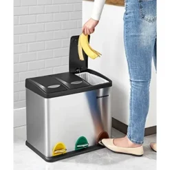 Pavil Soptunnor-SONGMICS återvinningskärl, 3-i-1 pedalkorg, 24-liters metallsoptunna, stål, silver