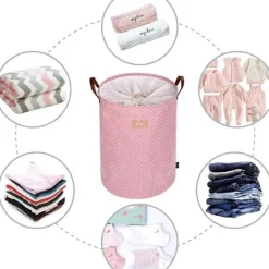 Tvättillbehör-Tjockvikbar hopfällbar rund tvättkorg, bomull (rosa) KLB