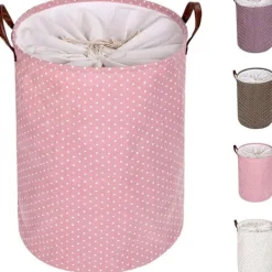 Tvättillbehör-Tjockvikbar hopfällbar rund förvaringskorg för tvätt, bomull (rosa) KLB