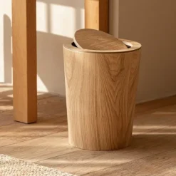 Soptunnor-Träavfallskorg med svänglock Rund soptunna Köksavfallskorg för hotell Träavfallskorg