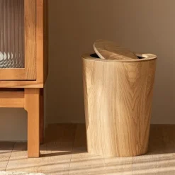 Soptunnor-Träavfallskorg med svänglock Rund soptunna Köksavfallskorg för hotell Träavfallskorg