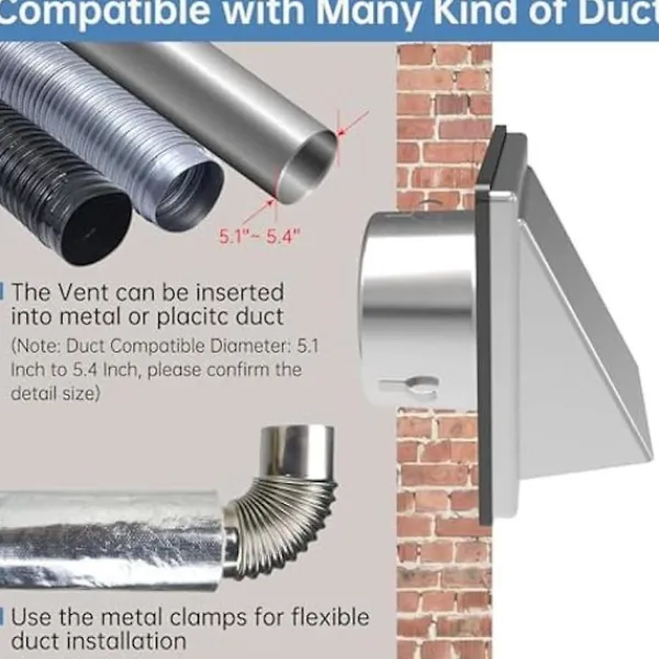 Torktumlare-4-tums Torktumlarens Ventilationslock Utomhusvägg med Dämpad Backventil, Extern Utblåsningsväggventil, Rostfri