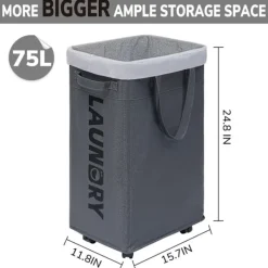 Tvättillbehör-Tvätthållare med hjul, 75L hopfällbar stor tvättkorg, tvättvagn med avtagbar tvättpåse för tvättstuga