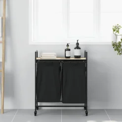 vidaXL Tvättillbehör-Tvättkorg 2 fack med hjul sonoma-ek