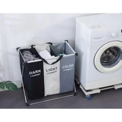 Tvättillbehör-Tvättkorg med 3 Fack - Korg till Tvätt - 135L