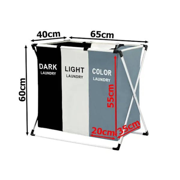 Tvättillbehör-Tvättkorg med 3 Fack - Korg till Tvätt - 135L