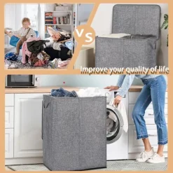 Tvättillbehör-Tvättkorg med 2 fack - tvättsorterare - Tvättkorg med lock - avtagbar tvättsäck - 2 fack - hopfällbar design - lämplig...