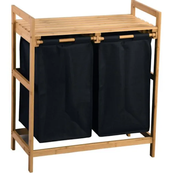 AC-DÉCO Tvättillbehör-Tvättkorg med 2 fack i tyg och bambu - - H 73 x B 64 cm