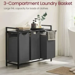 Vasagle Tvättillbehör-Tvättkorg med 3 fack och hylla - Svart/Grå
