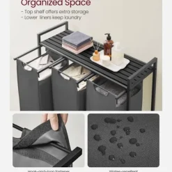 Vasagle Tvättillbehör-Tvättkorg med 3 fack och hylla - Svart/Grå