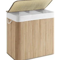 Tvättillbehör-Tvättkorg med 3 sektioner, lock på locket och handtag, 150L hopfällbar, för tvättstuga, sovrum, badrum, natur