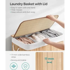 Tvättillbehör-Tvättkorg med 3 sektioner, lock på locket och handtag, 150L hopfällbar, för tvättstuga, sovrum, badrum, natur