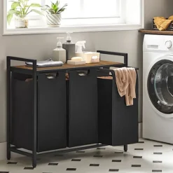 Vasagle Tvättillbehör-Tvättkorg med 3 utdragbara fack och hylla i trä - Svart