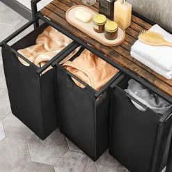 Vasagle Tvättillbehör-Tvättkorg med 3 utdragbara fack och hylla i trä - Svart