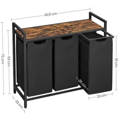 Vasagle Tvättillbehör-Tvättkorg med 3 utdragbara fack och hylla i trä - Svart