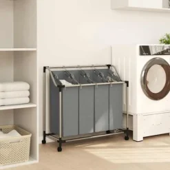 vidaXL Tvättillbehör-Tvättkorg med hjul 4 fack grå