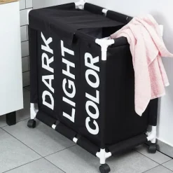 B2X Tvättillbehör-Tvättkorg med hjul och tre fack för enkel sortering