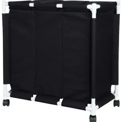 B2X Tvättillbehör-Tvättkorg med hjul och tre fack för enkel sortering