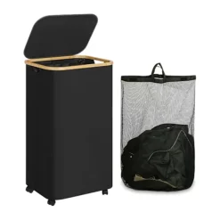 BEBETTER Tvättillbehör-Tvättkorg med hjul, smal tvättkorg med lock, svart