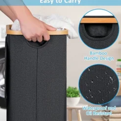 BEBETTER Tvättillbehör-Tvättkorg med hjul, smal tvättkorg med lock, svart