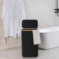 BEBETTER Tvättillbehör-Tvättkorg med hjul, smal tvättkorg med lock, svart