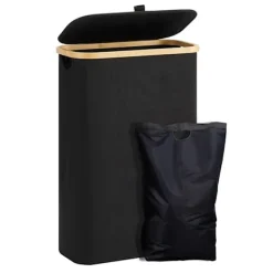 Tvättillbehör-Tvättkorg med lock 48 liter stor med tvättpåse hopfällbar tvättkorg med handtag bambu tvättkorg svart