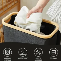 Tvättillbehör-Tvättkorg med lock 48 liter stor med tvättpåse hopfällbar tvättkorg med handtag bambu tvättkorg svart