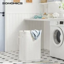 Songmics Tvättillbehör-Tvättkorg med lock och bärhandtag 72L - Vit