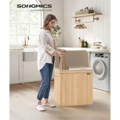 Songmics Tvättillbehör-Tvättkorg med lock och bärhandtag 150L - Bambu
