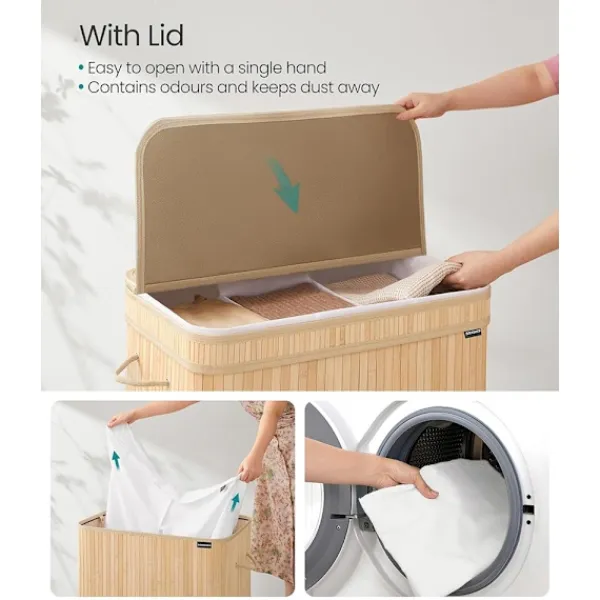 Songmics Tvättillbehör-Tvättkorg med lock och bärhandtag 150L - Bambu