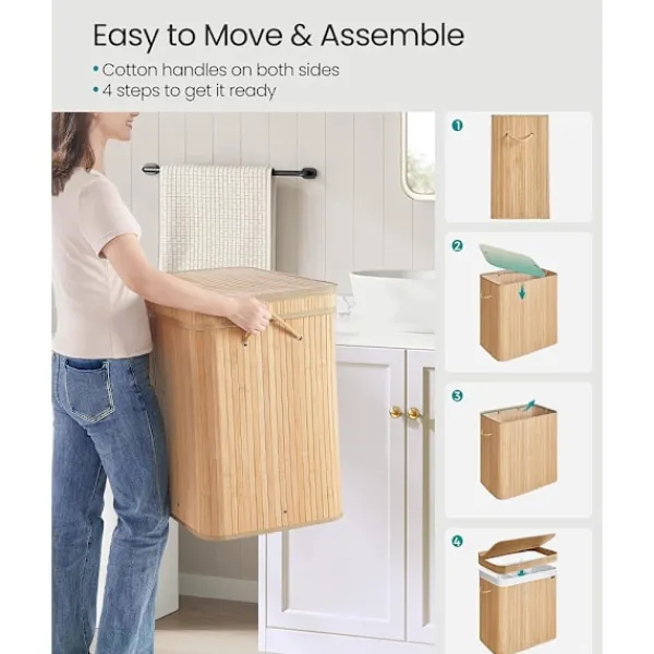 Songmics Tvättillbehör-Tvättkorg med lock och bärhandtag 150L - Bambu