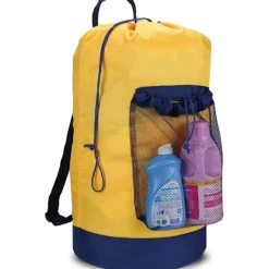 Tvättillbehör-Tvättryggsäck, tvättryggsäck med axelrem och nätficka, slitstark nylonryggsäck för kläder, tvättkorg med dragsko för