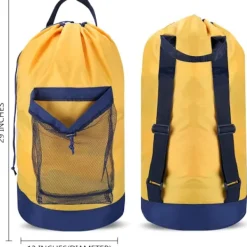 Tvättillbehör-Tvättryggsäck, tvättryggsäck med axelrem och nätficka, slitstark nylonryggsäck för kläder, tvättkorg med dragsko för