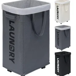 Tvättillbehör-Tvättställ med hjul, 75L hopfällbar stor tvättkorg, tvättvagn med avtagbar tvättsäck för tvättstuga