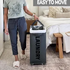 Tvättillbehör-Tvättställ med hjul, 75L hopfällbar stor tvättkorg, tvättvagn med avtagbar tvättsäck för tvättstuga