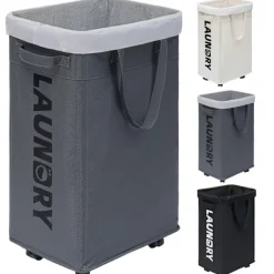 Tvättillbehör-Tvättställning med hjul, 75L hopfällbar stor tvättkorg, tvättvagn med avtagbar tvättsäck för tvättstuga_xx